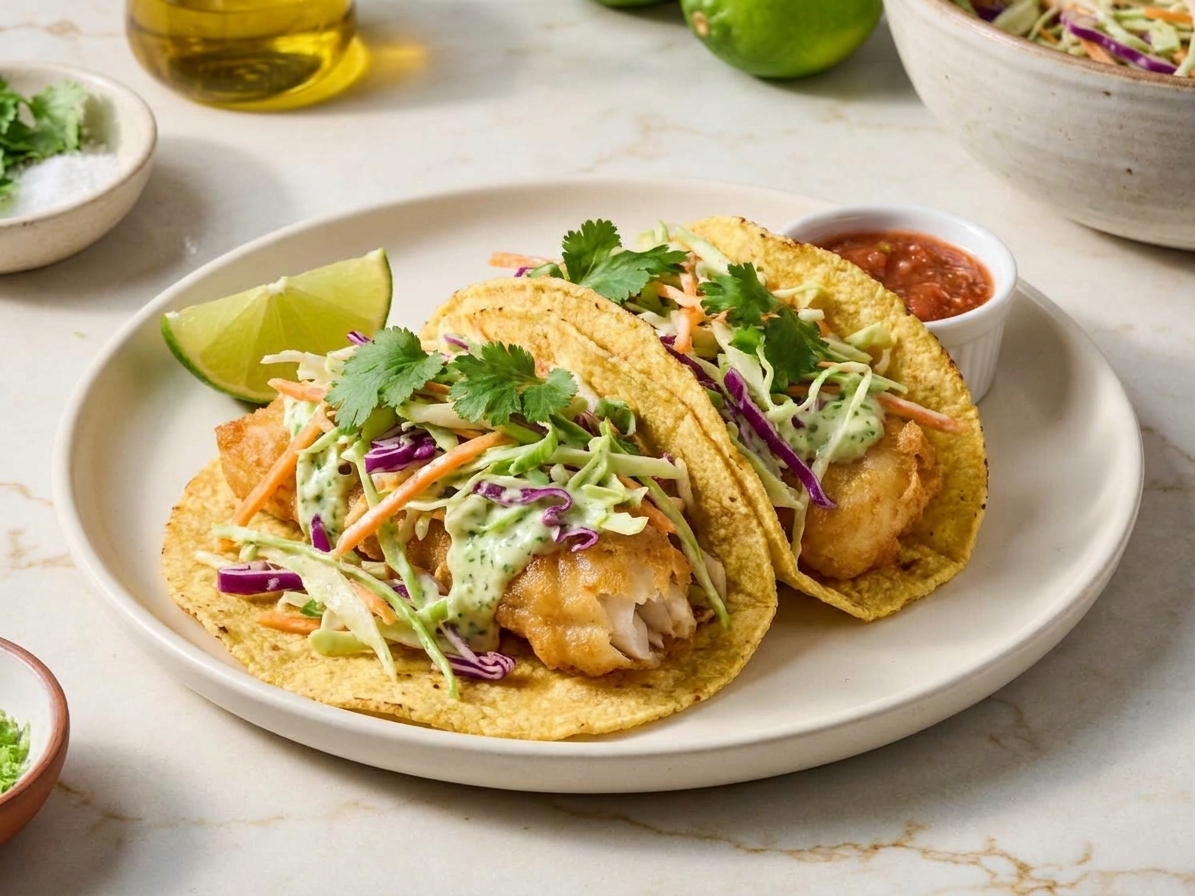Two fish tacos in warm tortillas topped with generous fish taco slaw and cilantro on a simple plate