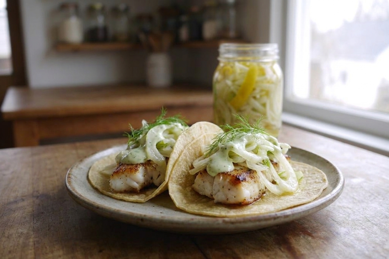 Two fish tacos on a plate topped with a small mound of pickled fennel and a drizzle of sauce on a wooden table