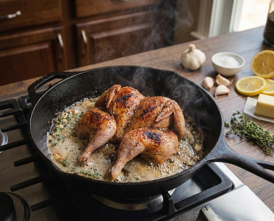 Two flattened quail searing skin side down in a hot cast iron skillet with bubbling butter on a stovetop