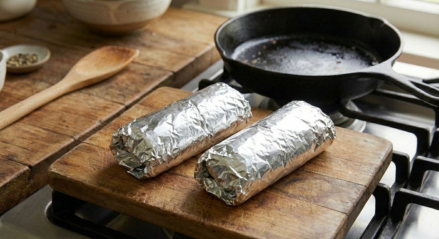 Two foil-wrapped breakfast burritos on a cutting board ready for the fridge