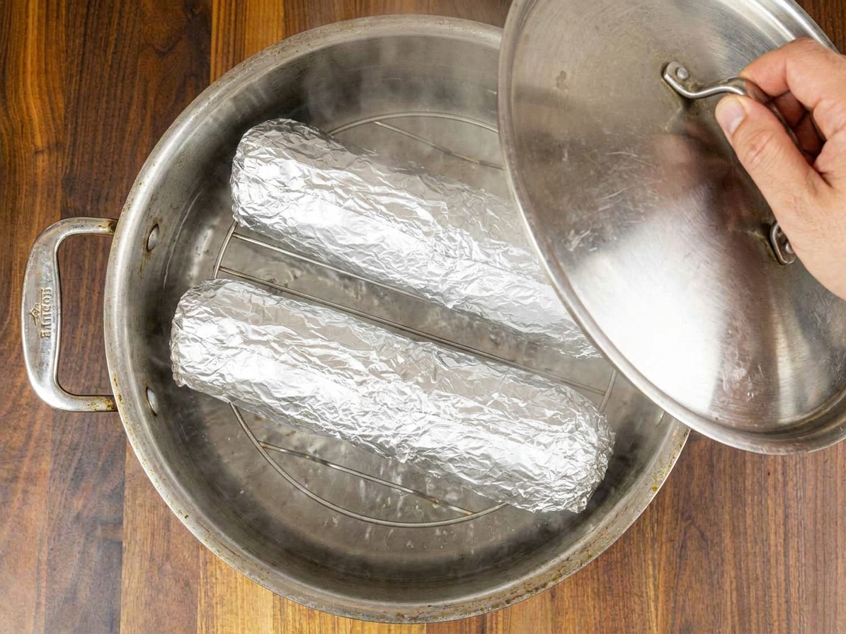Two foil-wrapped embutido logs resting on a steamer rack inside a large pot with simmering water, lid lifted slightly to show steam