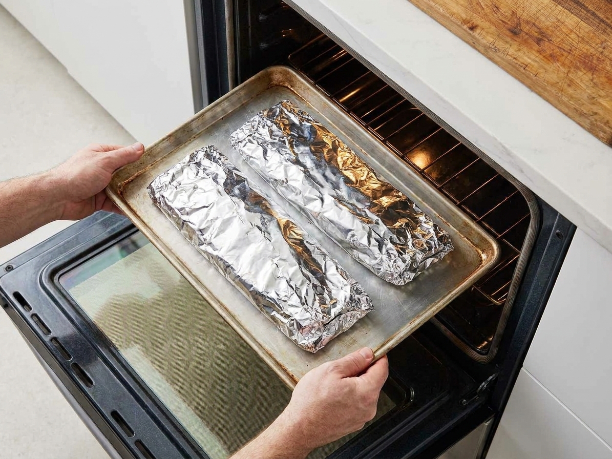 Two foil-wrapped racks of spare ribs on a rimmed baking sheet going into an oven