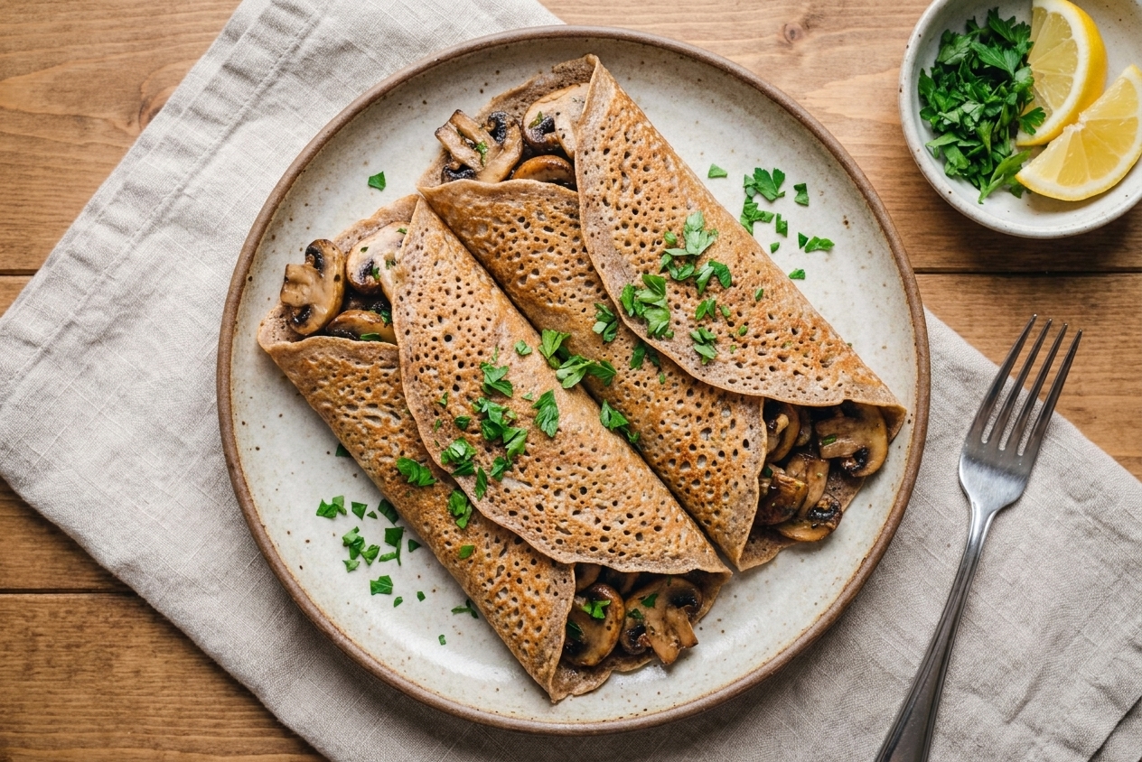 Two folded buckwheat crêpes on a plate filled with lemon herb mushrooms, sprinkled with parsley on a simple dinner table