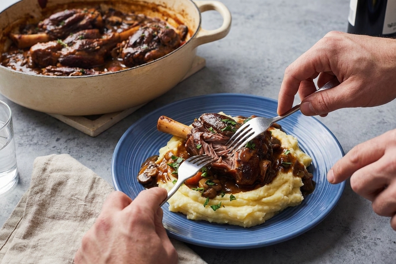 Two forks gently shredding tender braised lamb on a plate with sauce nearby