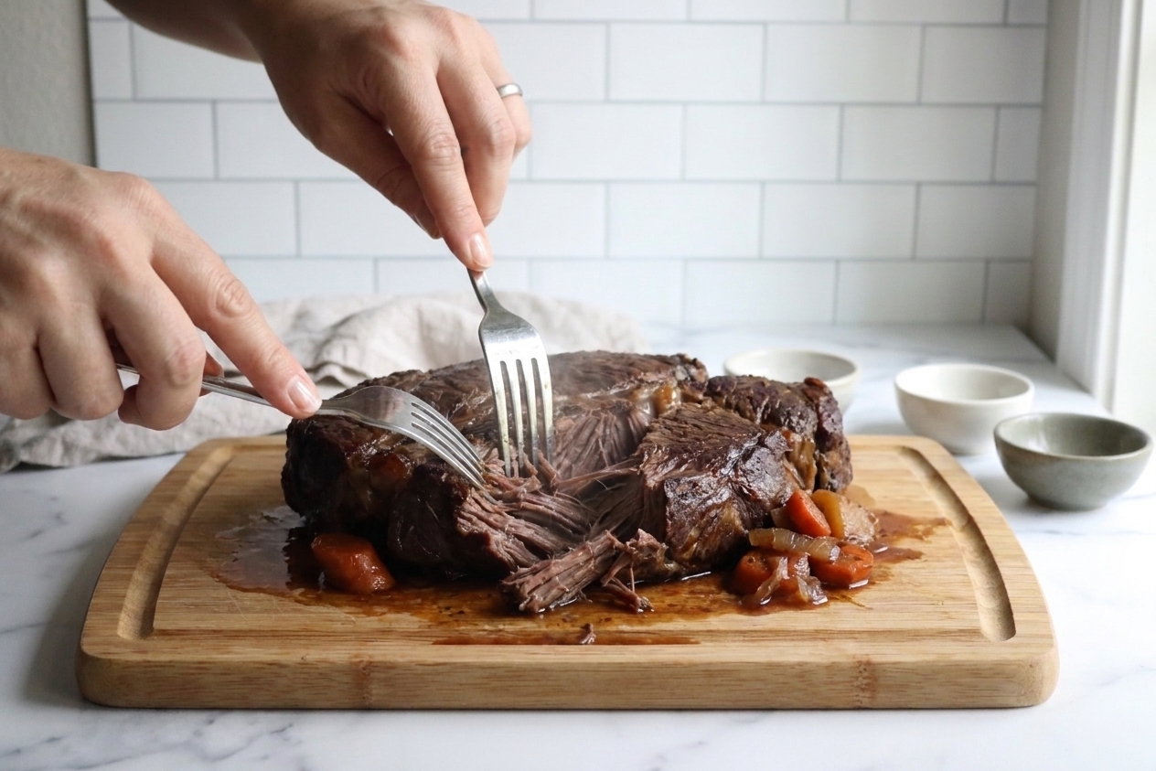Two forks pulling apart a tender chuck roast on a wooden cutting board with juices pooling