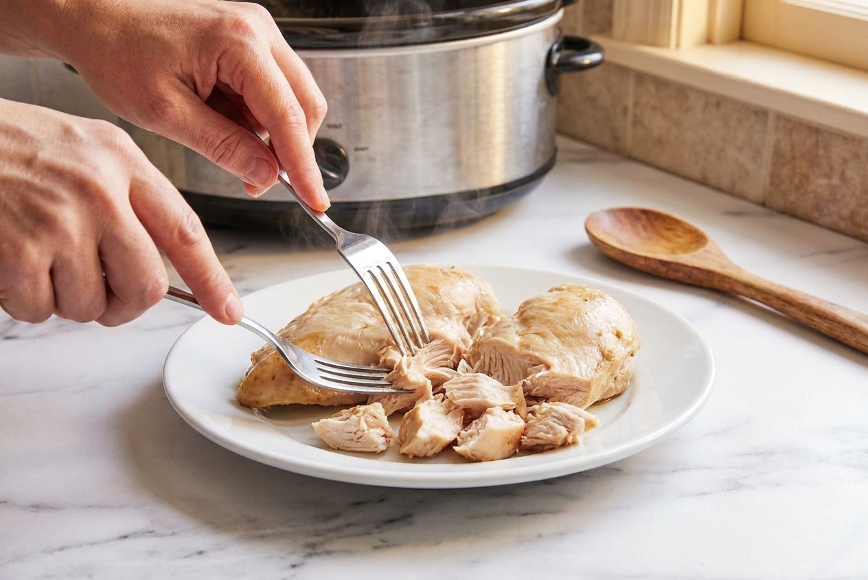 Two forks shredding cooked chicken on a plate on a kitchen counter