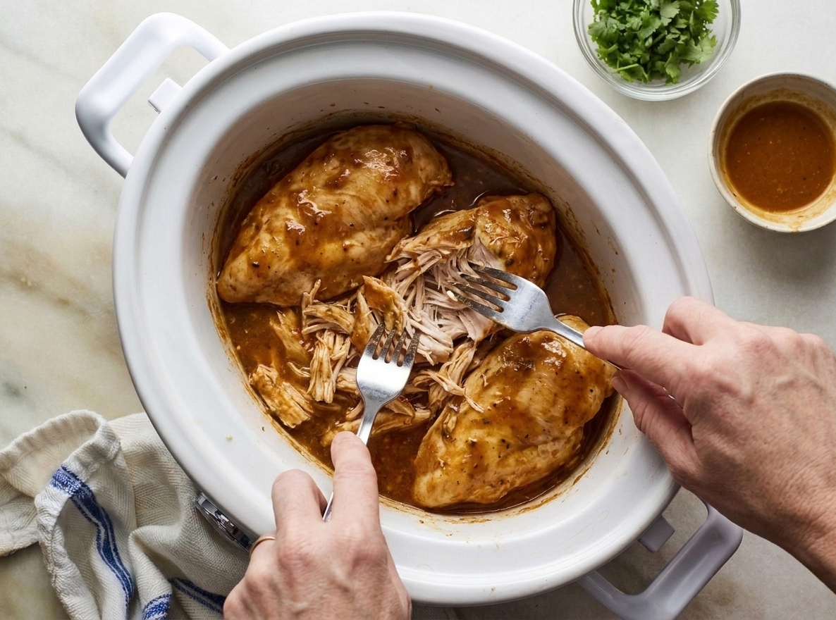 Two forks shredding tender slow cooker chicken directly inside the crock on a kitchen counter
