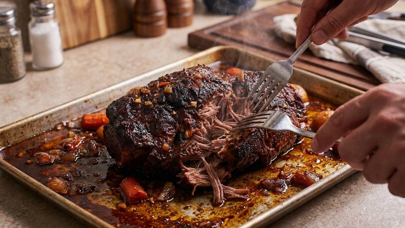 Two forks shredding tender slow cooker pork on a rimmed sheet pan with juices nearby