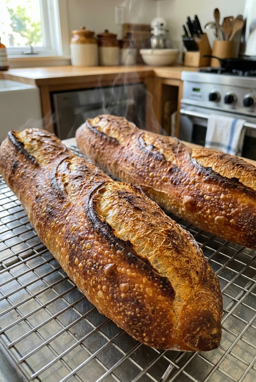 Two freshly baked baguettes cooling on a wire rack with a blistered golden crust
