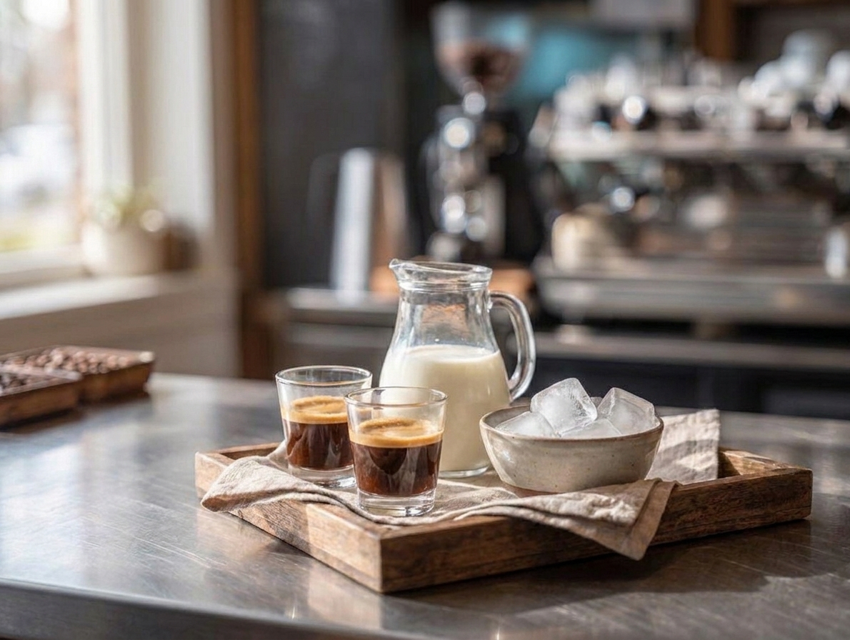 Two freshly pulled espresso shots in a small glass next to a pitcher of milk and a bowl of ice on a tidy kitchen counter