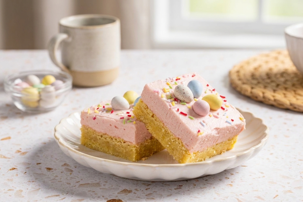Two frosted sugar cookie bar squares topped with pastel mini eggs on a small plate at a spring table setting