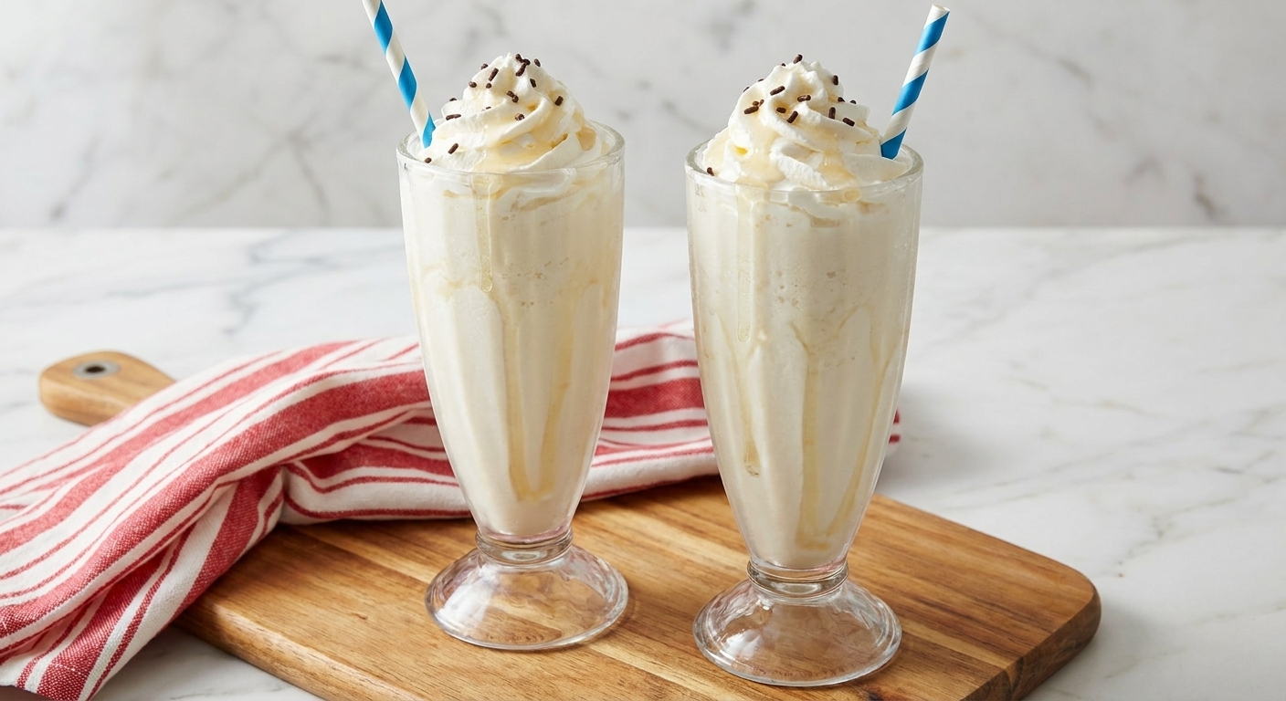 Two frosty glasses of vanilla slushie milkshake on a wooden table with whipped cream on top and a light drizzle of syrup