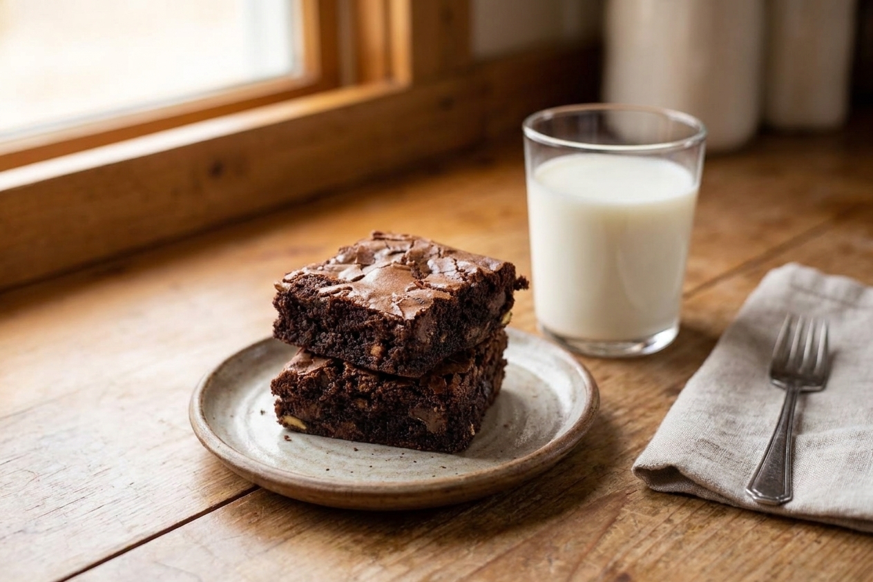 Two fudgy brownie squares stacked on a small plate on a simple kitchen table setting with a glass of milk nearby, soft natural window light