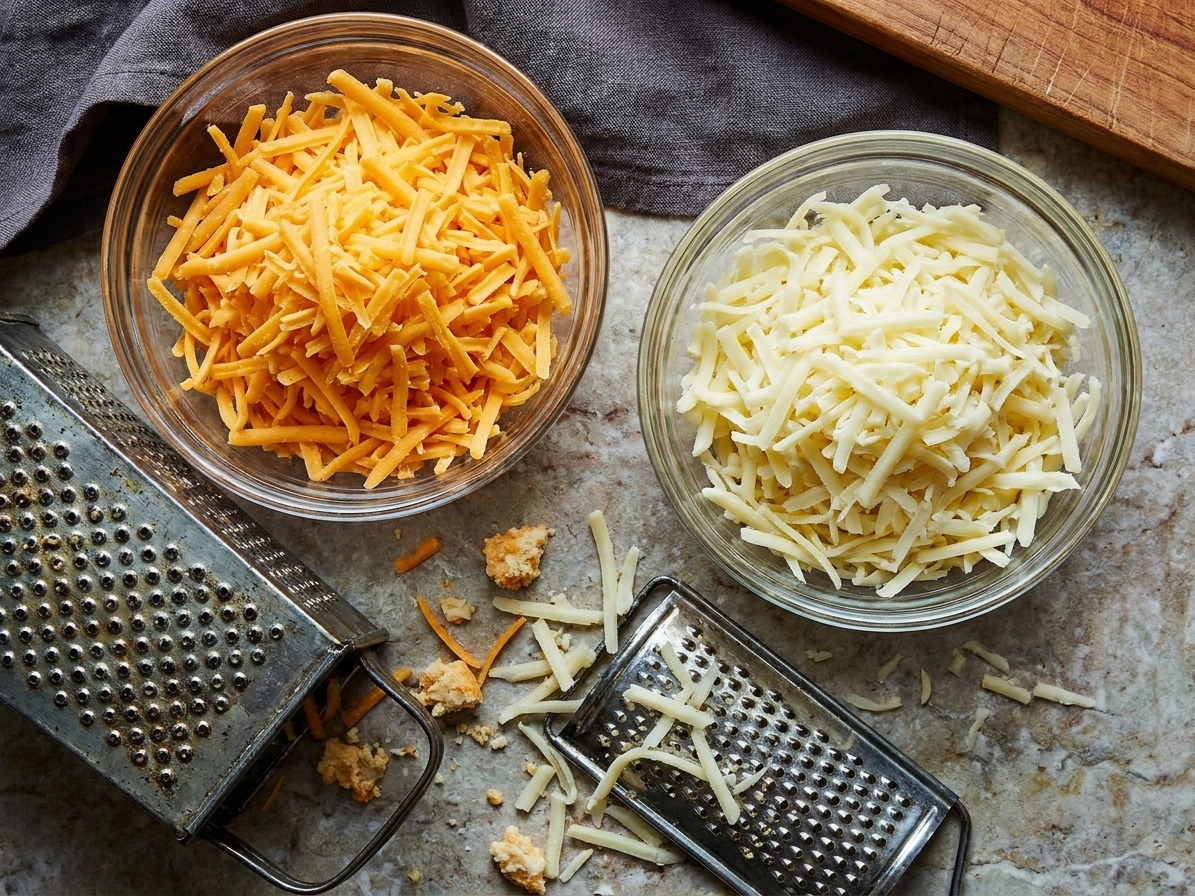 Two glass bowls of freshly shredded sharp cheddar and Monterey Jack on a kitchen counter next to a box grater