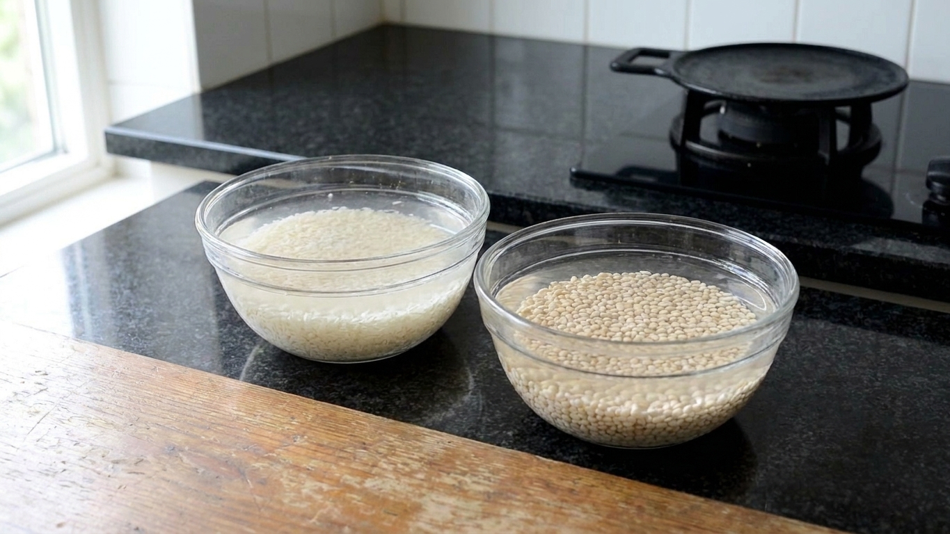 Two glass bowls on a kitchen counter, one with rice soaking in water and one with urad dal soaking, lit by daylight