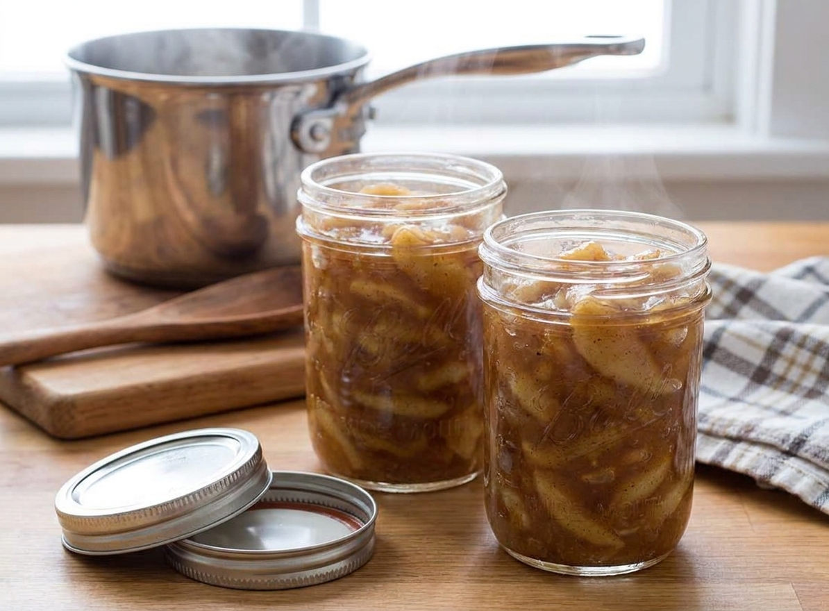 Two glass jars filled with apple pie filling cooling on a kitchen counter with clean lids nearby
