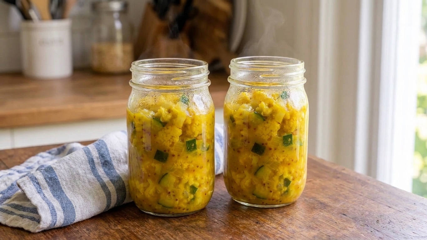 Two glass jars filled with bright yellow piccalilli cooling on a kitchen counter before being placed into the refrigerator