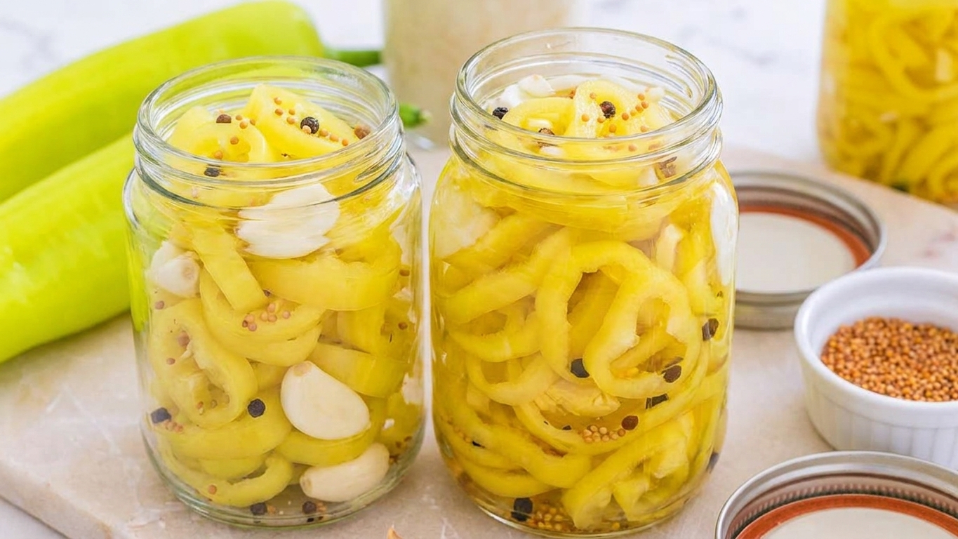 Two glass jars packed with sliced banana peppers and garlic on a kitchen counter before adding brine