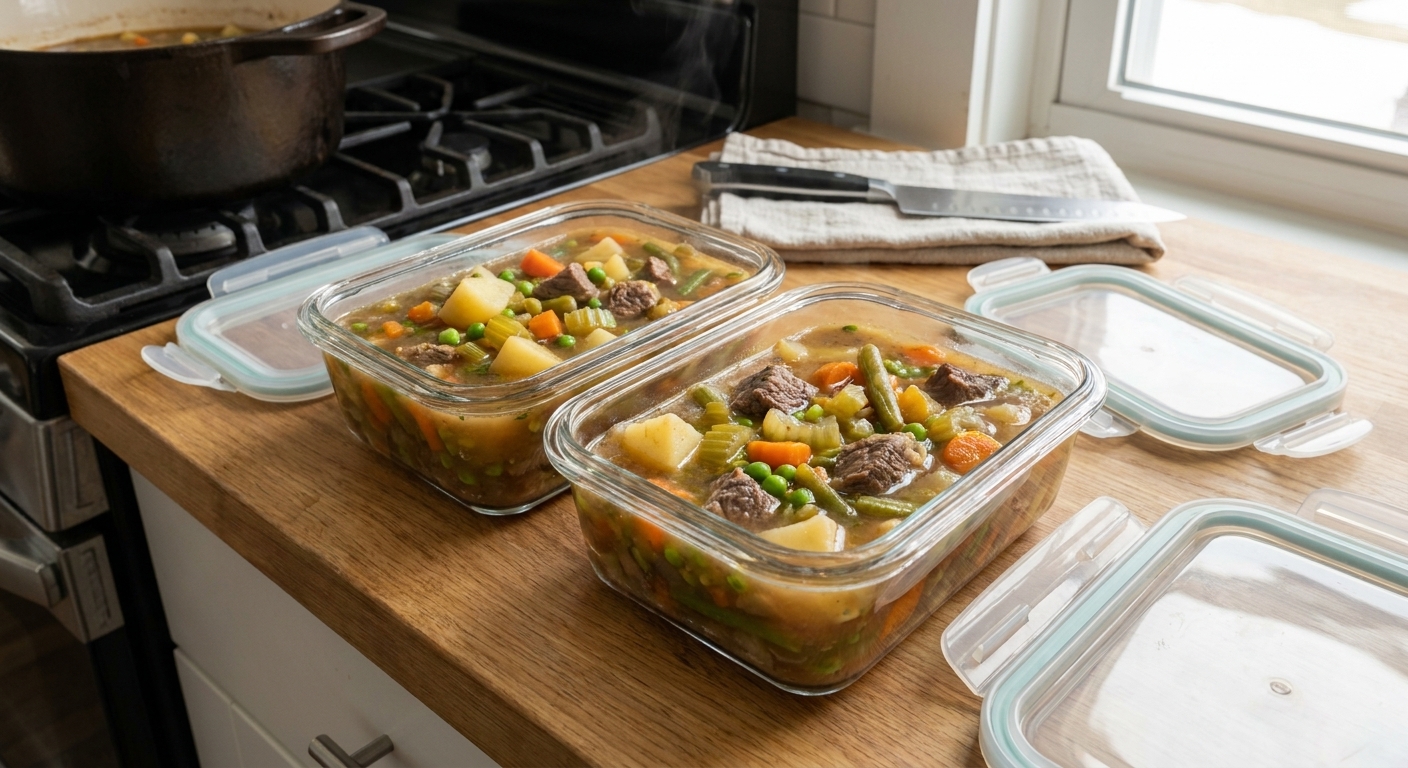 Two glass meal prep containers filled with beef and vegetable soup with lids nearby on a kitchen counter