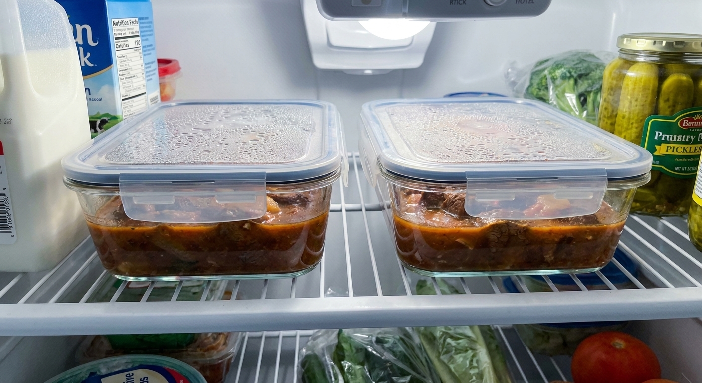 Two glass meal-prep containers filled with beef stew on a refrigerator shelf, condensation on the lids, home kitchen photo