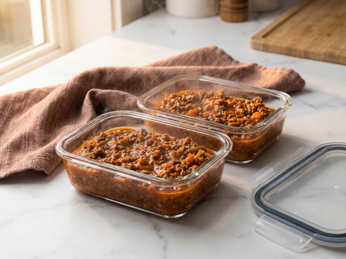Two glass meal prep containers filled with bolognese sauce cooling on a kitchen counter, with lids nearby and soft evening light