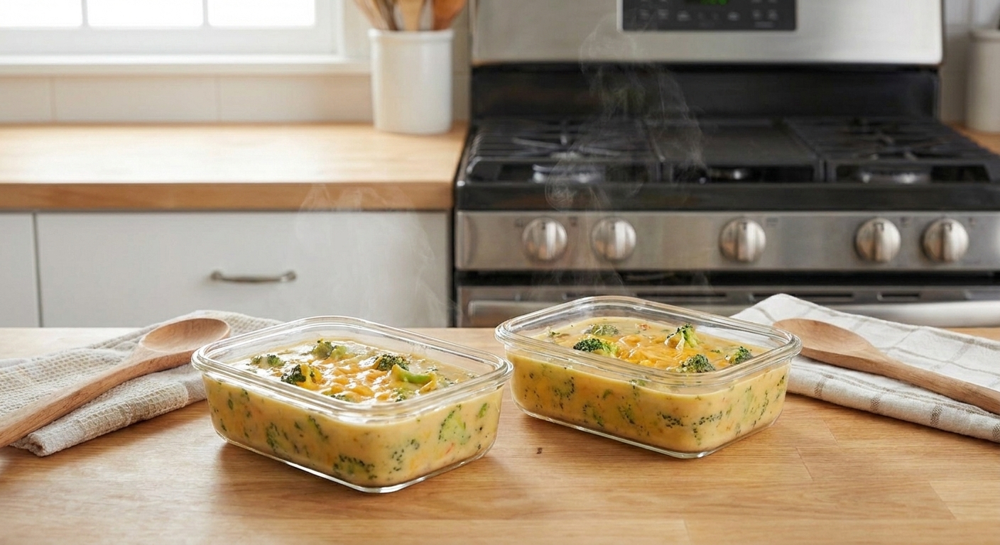 Two glass meal prep containers filled with broccoli cheddar soup, lids off, cooling on a kitchen counter
