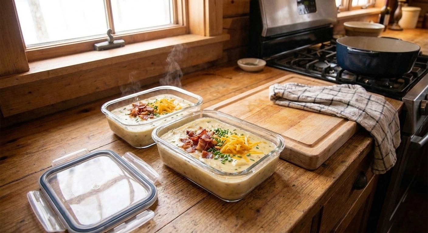 Two glass meal prep containers filled with cheesy potato soup cooling on a kitchen counter with lids set beside them, consistent warm home kitchen lighting
