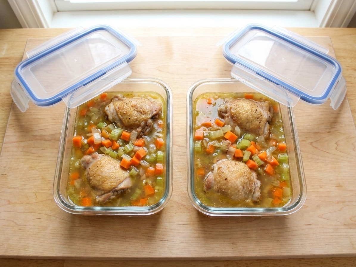 Two glass meal prep containers filled with chicken soup base without pasta, lids beside them on a clean kitchen counter