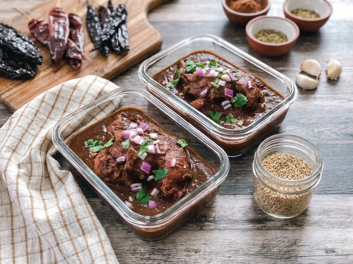 Two glass meal prep containers filled with chicken mole, lids off, on a kitchen counter next to a small jar of sesame seeds
