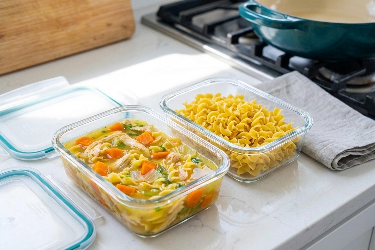 Two glass meal prep containers filled with chicken soup base and a separate container of cooked egg noodles on a kitchen counter, ready to refrigerate