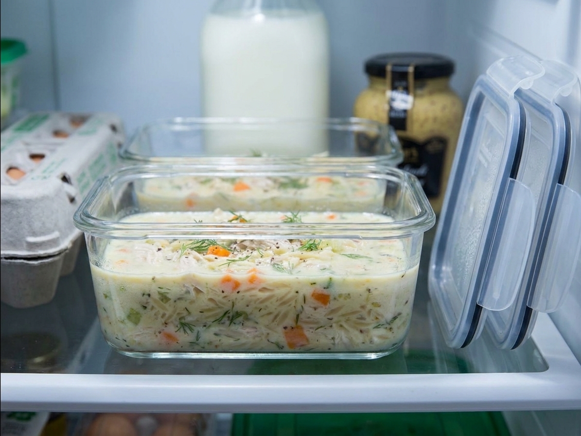Two glass meal prep containers filled with chicken orzo soup sitting on a refrigerator shelf, lids nearby