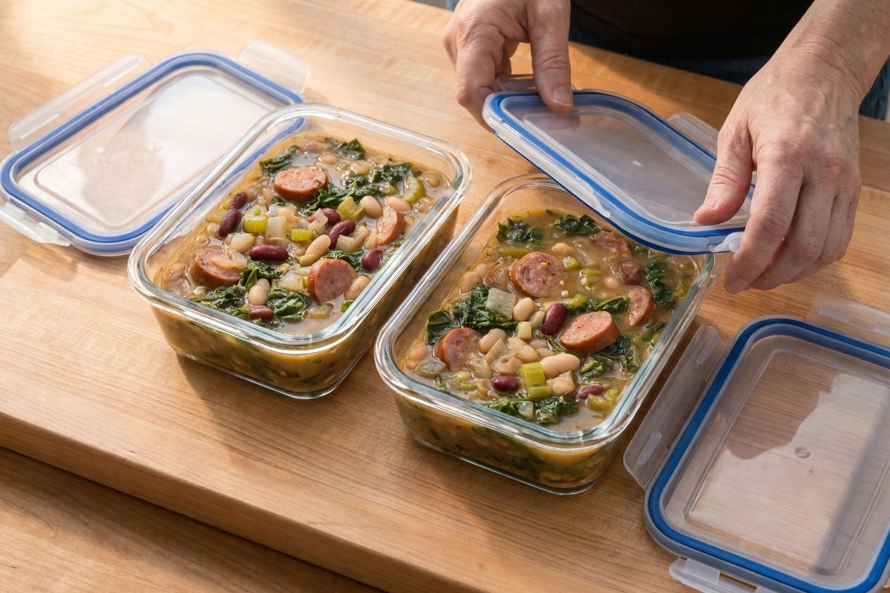 Two glass meal prep containers filled with cooled swamp soup, ready to store, with lids nearby