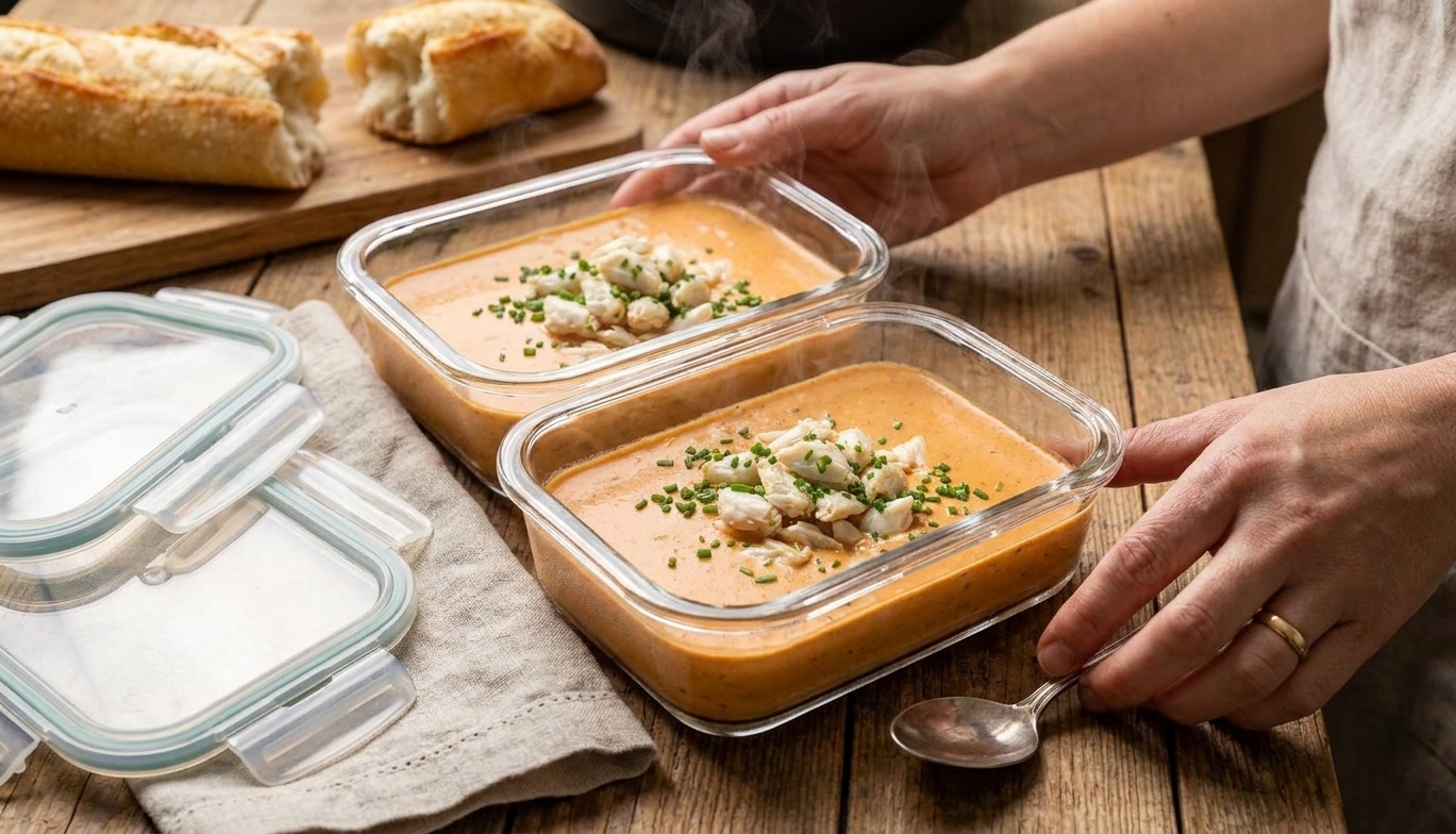Two glass meal prep containers filled with crab bisque cooling on a kitchen counter with lids nearby