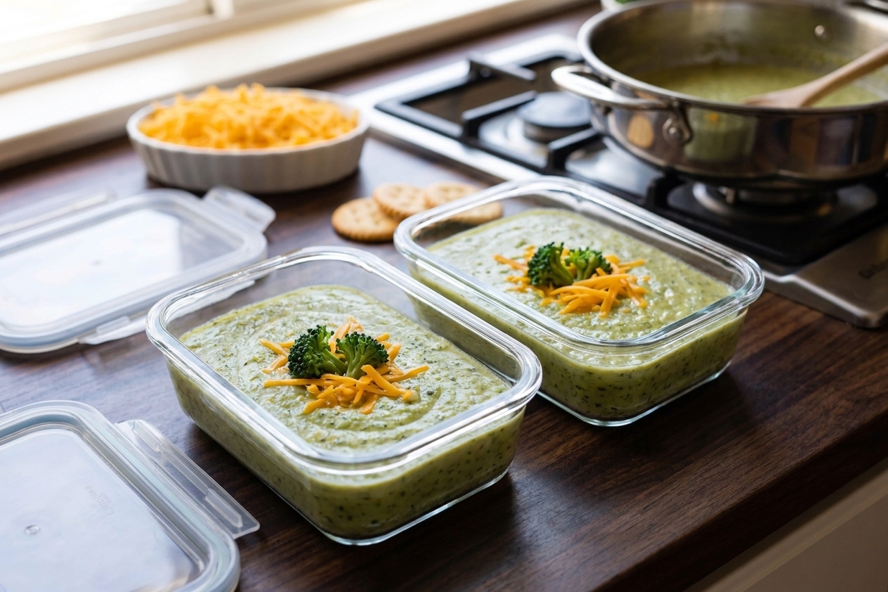 Two glass meal prep containers filled with cream of broccoli soup, lids off, on a kitchen counter