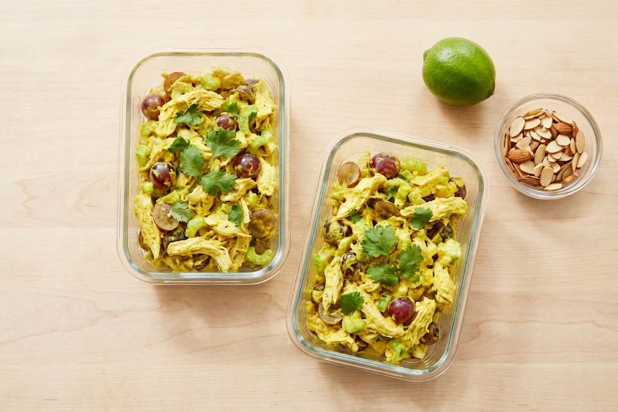 Two glass meal prep containers filled with curry chicken salad, lids off, on a clean kitchen counter with a lime and a small bowl of almonds nearby