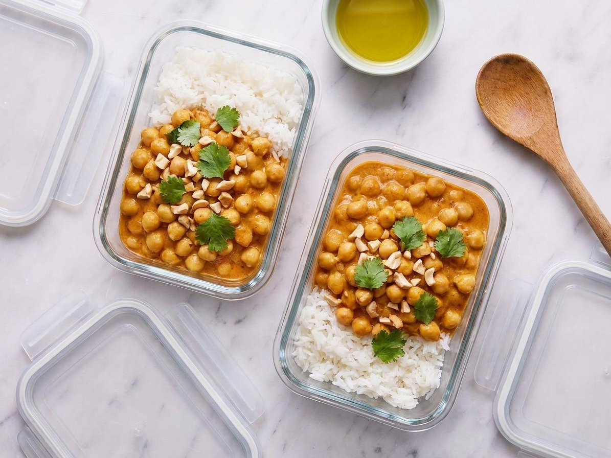 Two glass meal-prep containers filled with curry garbanzo beans and rice on a kitchen counter with matching lids nearby