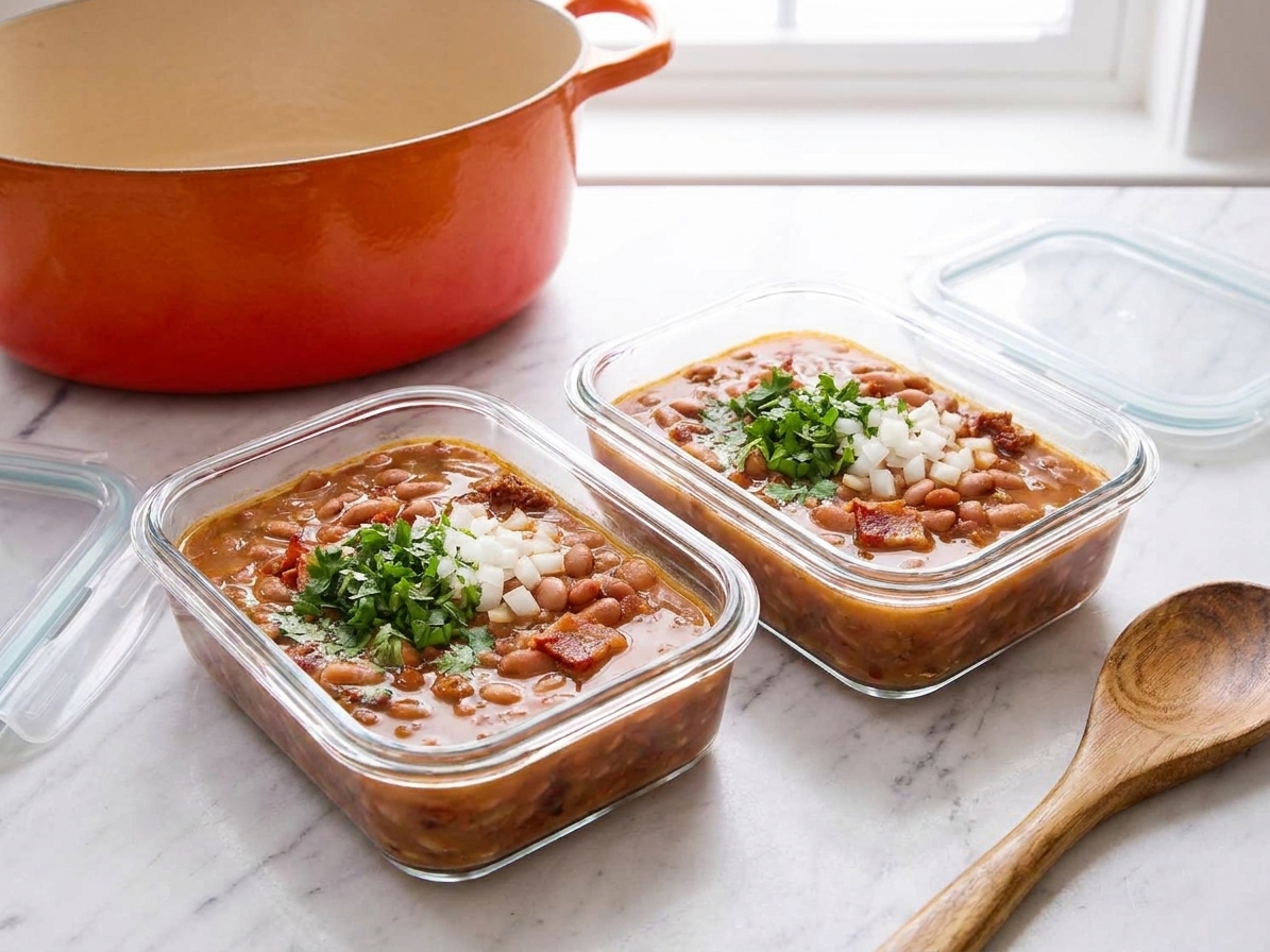 Two glass meal prep containers filled with frijoles charros, lids off, sitting on a clean kitchen counter with a spoon nearby