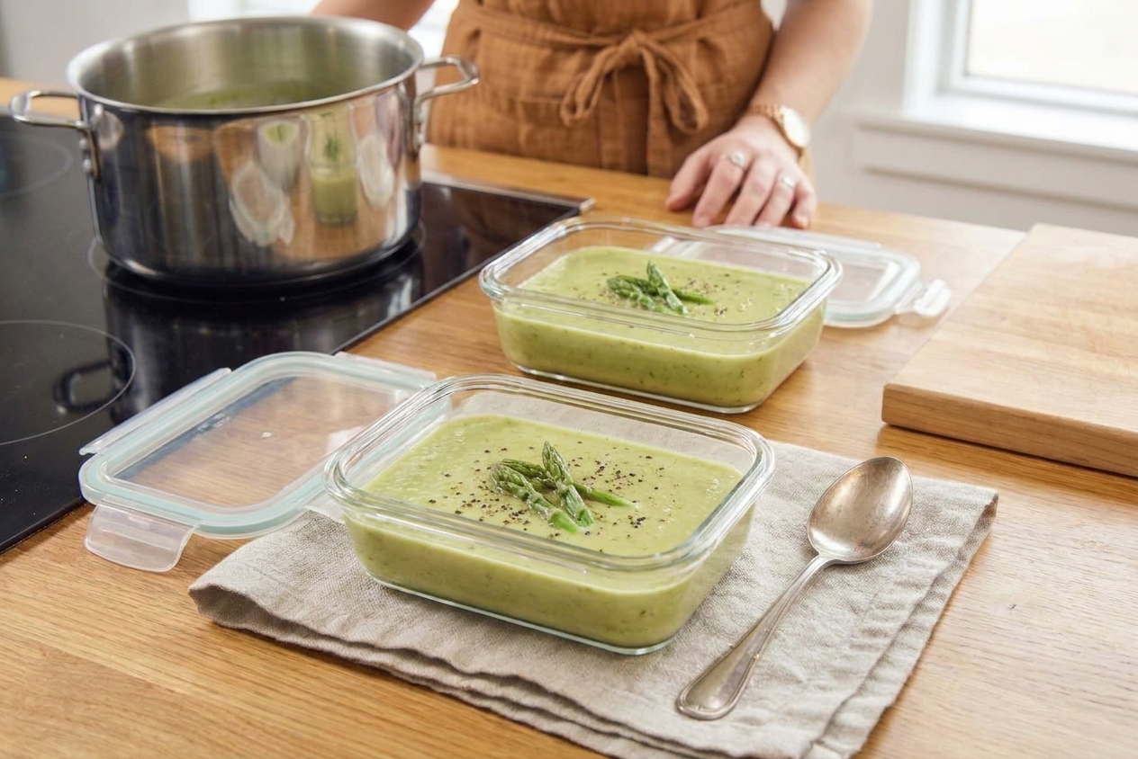 Two glass meal prep containers filled with green asparagus soup cooling on a kitchen counter with lids nearby