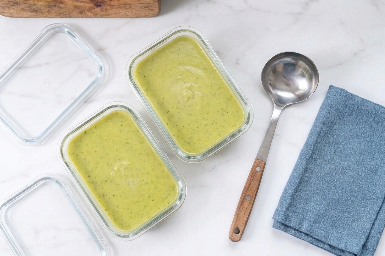 Two glass meal prep containers filled with green zucchini soup, lids off, cooling on a kitchen counter next to a ladle