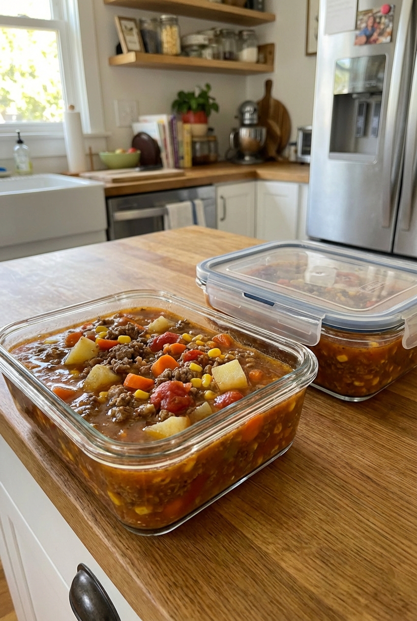Two glass meal prep containers filled with hamburger soup, cooled and ready to store in the refrigerator