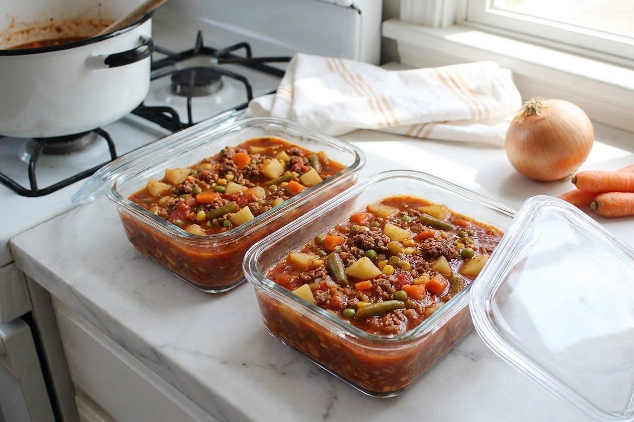Two glass meal prep containers filled with hamburger stew cooling on a kitchen counter with lids nearby