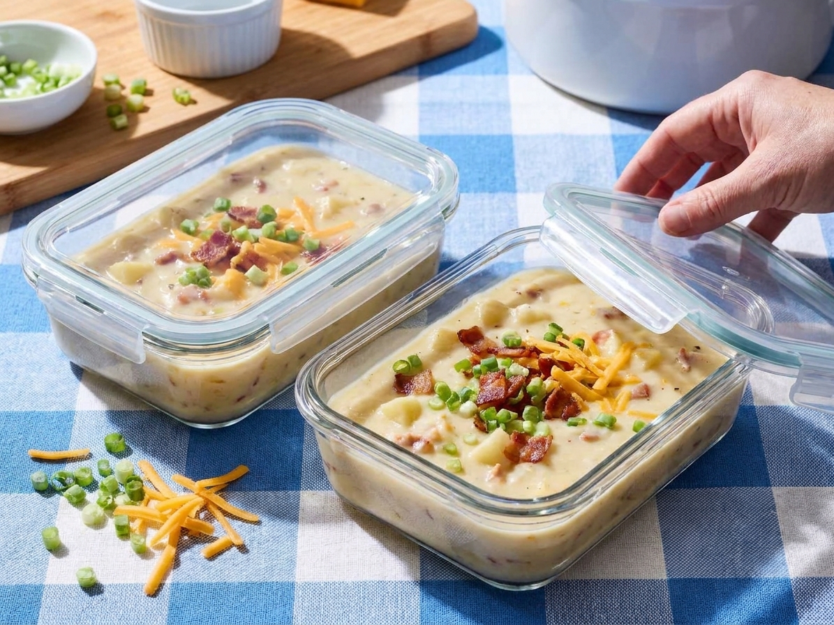 Two glass meal prep containers filled with leftover potato soup with lids set nearby