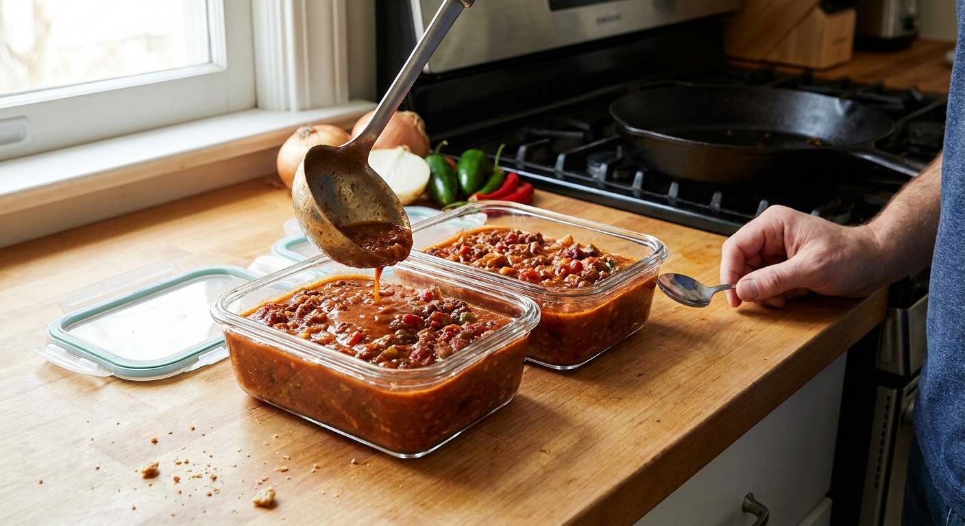 Two glass meal prep containers filled with leftover chili, lids off, sitting on a clean kitchen counter next to a ladle