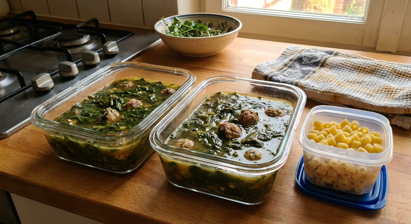 Two glass meal prep containers filled with minestra maritata soup, one with pasta stored separately in a small container beside it
