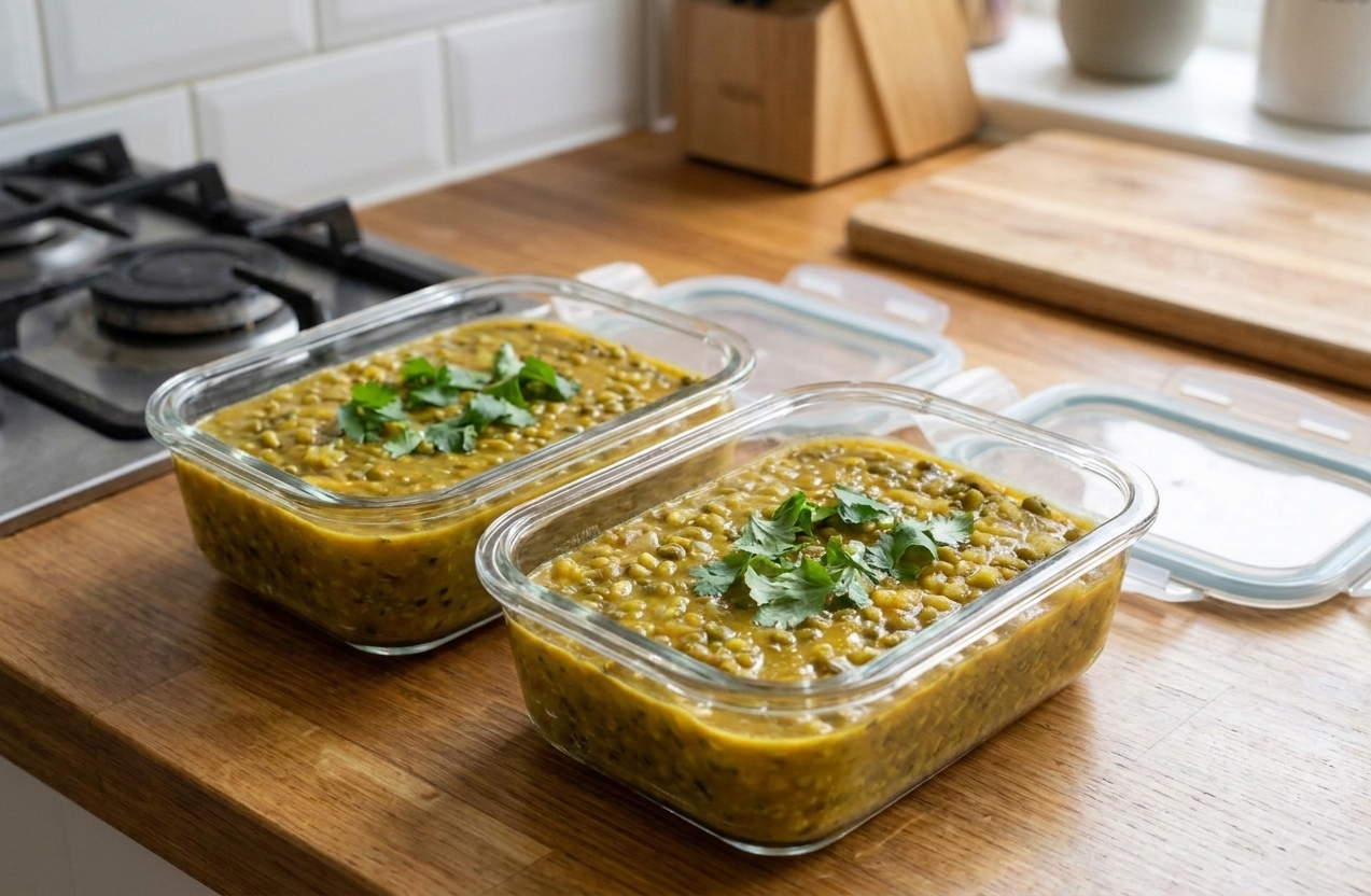 Two glass meal prep containers filled with mung bean curry on a kitchen counter with lids nearby