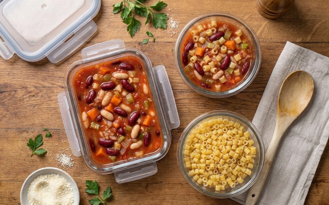 Two glass meal prep containers filled with pasta fagioli soup and a separate container of cooked ditalini on a kitchen counter