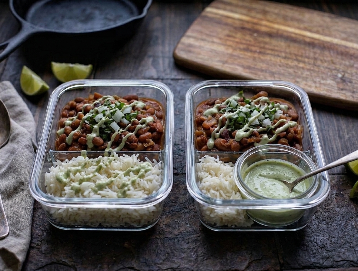 Two glass meal prep containers filled with pinto beans and rice, with a small container of lime sauce on the side on a kitchen counter