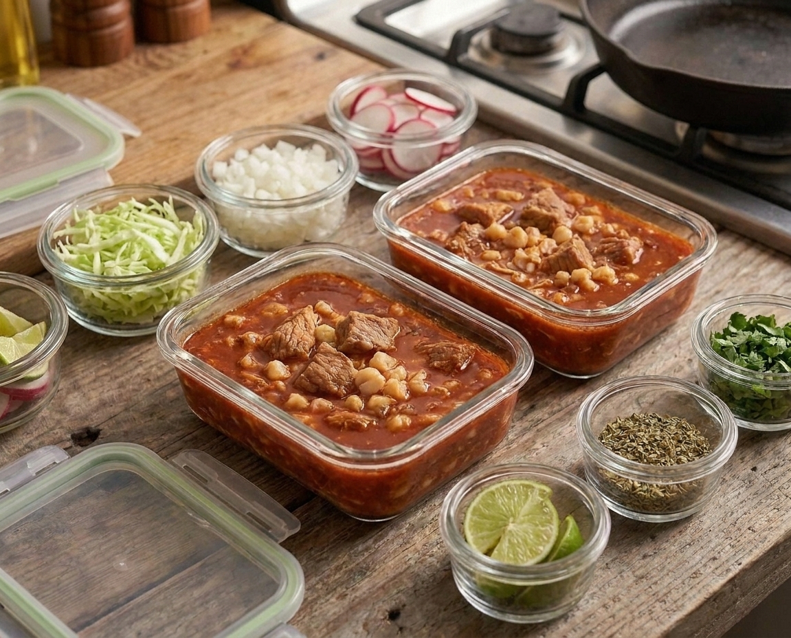 Two glass meal prep containers filled with pozole rojo, cooled and ready for the refrigerator, with toppings in small separate containers