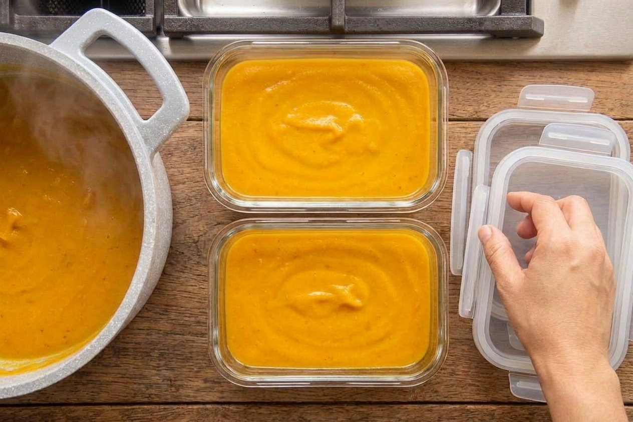 Two glass meal prep containers filled with pumpkin soup cooling on a kitchen counter with lids nearby