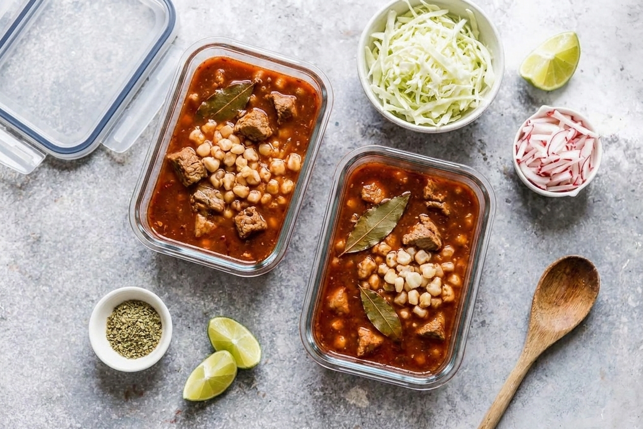 Two glass meal prep containers filled with red pozole in the foreground and small containers of shredded cabbage and sliced radish on the same kitchen counter
